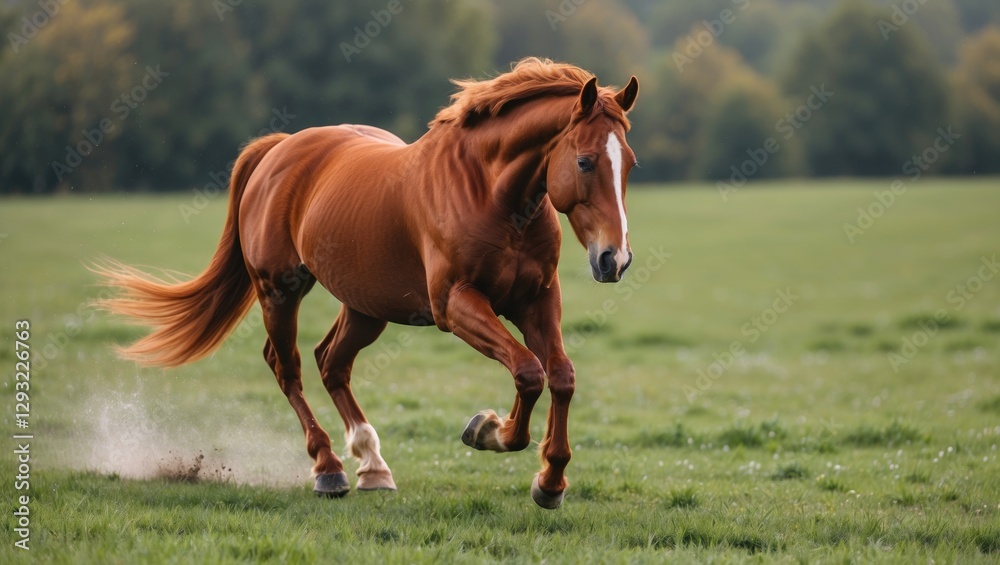 Fototapeta premium Majestic Red Horse Galloping Freely Across Lush Green Field Under Clear Sky in Nature's Serenity