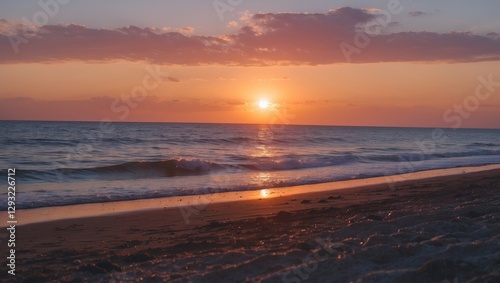 Serene Sunset Over Tranquil Beach Waves Illuminating the Shoreline with Warm Golden Hues