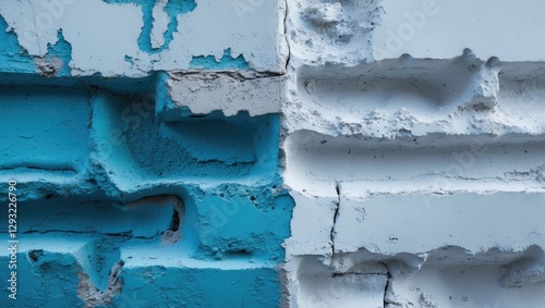 Abstract blue and white cement wall texture with unique patterns suitable for background design or artistic projects.