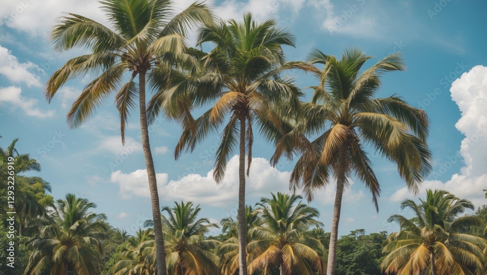 Obraz premium Tropical Palm Trees Under Clear Blue Sky With White Clouds Ideal For Summer Themes And Text Placement