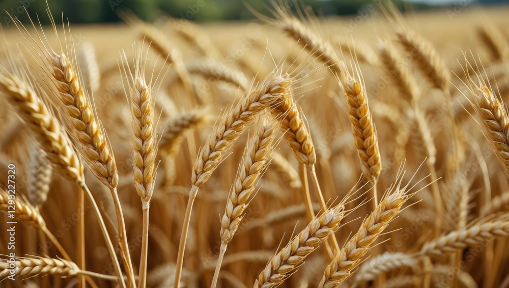 Fototapeta premium Golden Wheat Ears Close Up in a Vibrant Field Capturing the Essence of Nature's Bounty and Agriculture's Beauty.