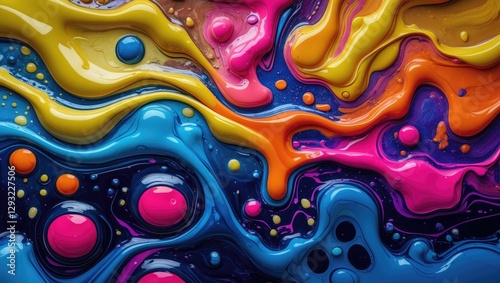 Vibrant fluid art background with colorful paint swirls and bubbles creating a dynamic abstract composition for creative projects and designs.