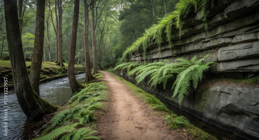 Serene Nature Trail Along a Stream Surrounded by Lush Ferns and Rocky Walls Ideal for Hiking and Outdoor Activities with Space for Text Serene Nature Trail Along a Stream Surrounded by Lush Ferns and Rocky Walls Ideal for Hiking and Outdoor Activities with Space for Text