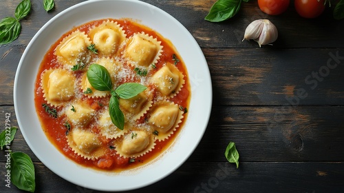 Delicious ravioli pasta with tomato sauce and basil . Menu concept, decor, poster 