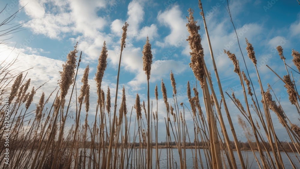 Obraz premium Winter Landscape of Tall Reeds Against Blue Sky with Clouds and Water Reflection Ideal for Text Overlay and Nature Themes