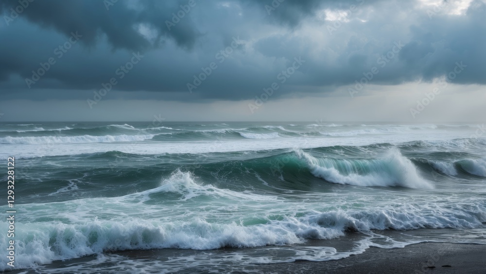 Dramatic Ocean Scene with Turbulent Waves Against a Dark Stormy Sky at the Coastline Dramatic Ocean Scene with Turbulent Waves Against a Dark Stormy Sky at the Coastline