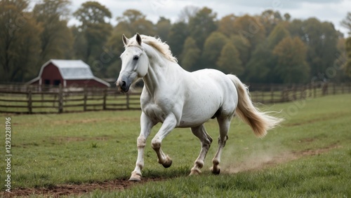 Majestic White Horse Galloping Through Lush Green Pasture on a Serene Farm Landscape with a Rustic Barn in the Background