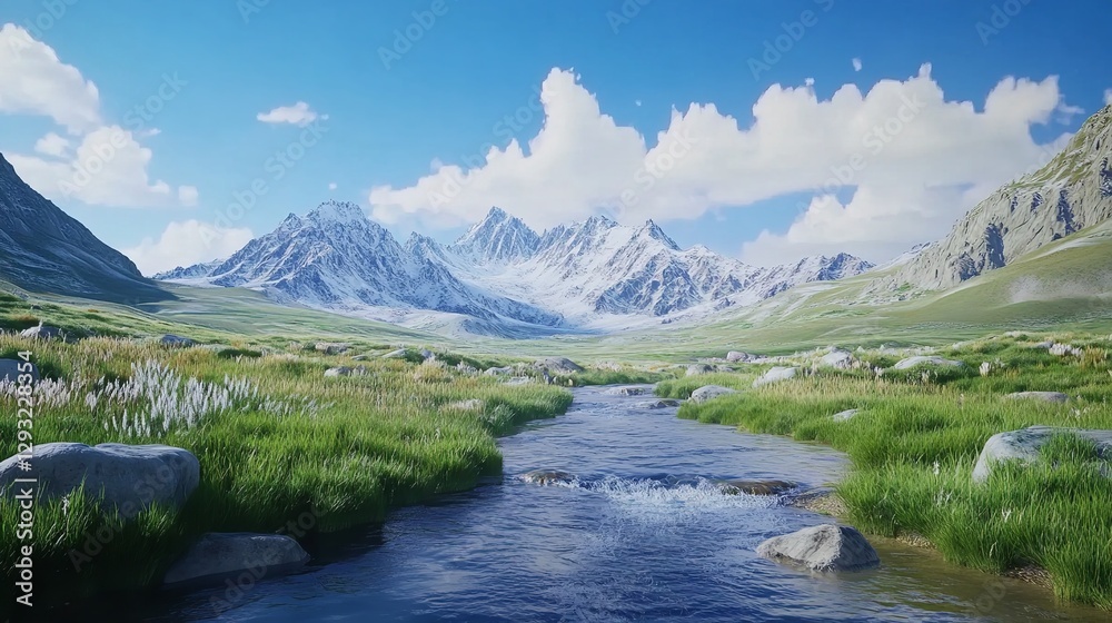 A Low-Poly Landscape with a Stylized Mountain, Evergreen Trees, a Flowing Stream, Lush Green Grass, and Rocks, Under a Bright Blue Sky with Fluffy White Clouds.
A Low-Poly Landscape with a Stylized Mountain, Evergreen Trees, a Flowing Stream, Lush Green Grass, and Rocks, Under a Bright Blue Sky with Fluffy White Clouds.