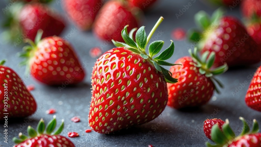 Vibrant Fresh Strawberries on Dark Surface with Green Leaves Perfect for Healthy Eating and Culinary Uses Vibrant Fresh Strawberries on Dark Surface with Green Leaves Perfect for Healthy Eating and Culinary Uses