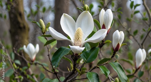 Elegant White Magnolia Flowers Blooming Amidst Lush Green Foliage with Clear Space for Overlay Text in Natural Setting