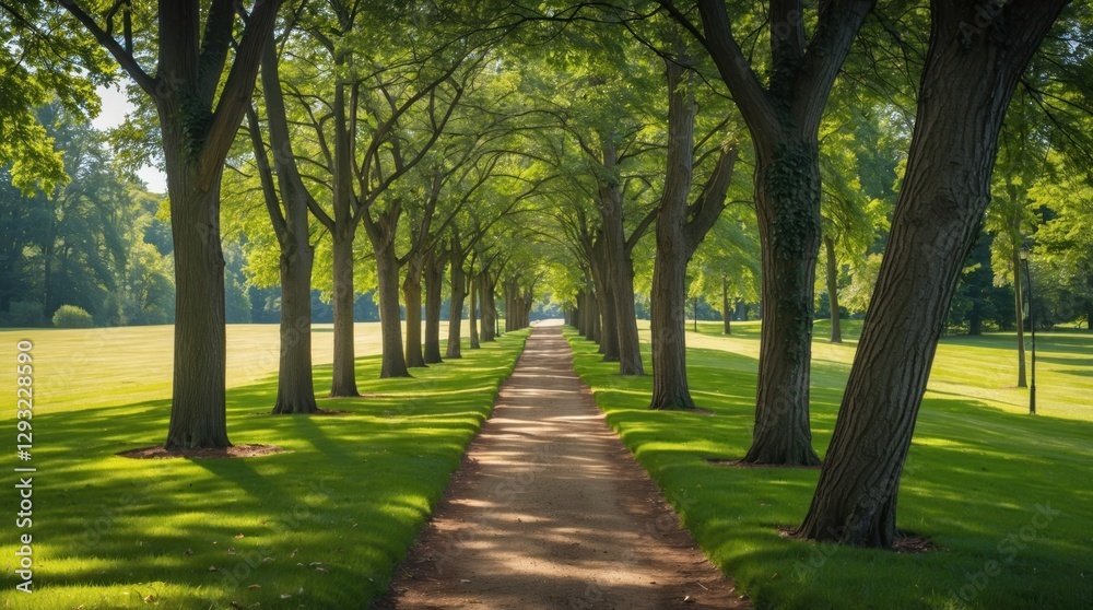 Lush tree-lined path enveloped in vibrant greenery on a sunny summer day, inviting tranquility and outdoor exploration. Lush tree-lined path enveloped in vibrant greenery on a sunny summer day, inviting tranquility and outdoor exploration.
