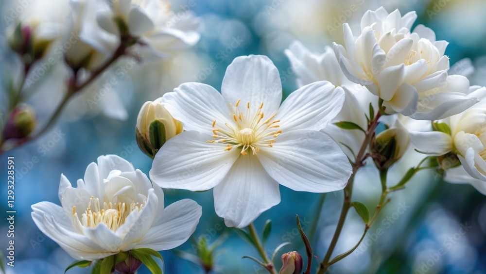 Obraz premium Delicate white flowers in bloom against a soft blue background showcasing their natural beauty and elegance in spring.