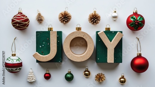 Joy displayed on decorative blocks surrounded by festive Christmas ornaments on a white background, capturing holiday spirit and celebration.