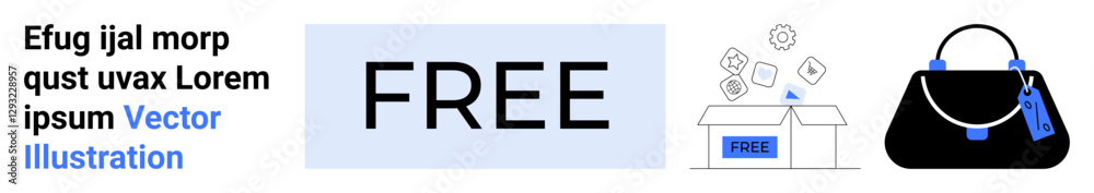 Bold text FREE alongside an open delivery box, a shopping handbag, and scattered icons. Ideal for sales, marketing, e-commerce, discounts, promotions, advertising flat landing page banner Bold text FREE alongside an open delivery box, a shopping handbag, and scattered icons. Ideal for sales, marketing, e-commerce, discounts, promotions, advertising flat landing page banner
