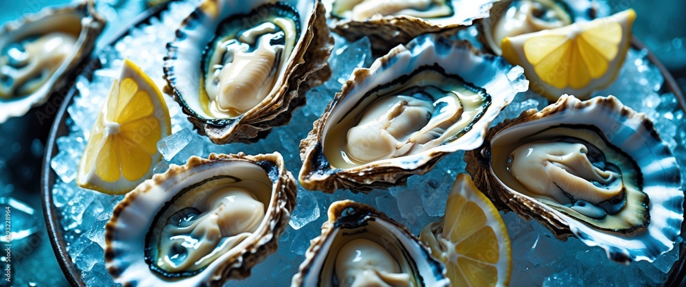 Fototapeta premium Freshly shucked oysters on crushed ice with lemon wedges, top view, showcasing gourmet seafood presentation for culinary and food inspiration.