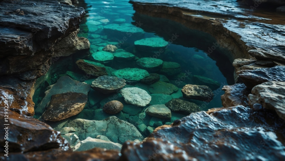 Serene rock pool with underwater stones and clear turquoise water creating a tranquil natural landscape scene. Serene rock pool with underwater stones and clear turquoise water creating a tranquil natural landscape scene.