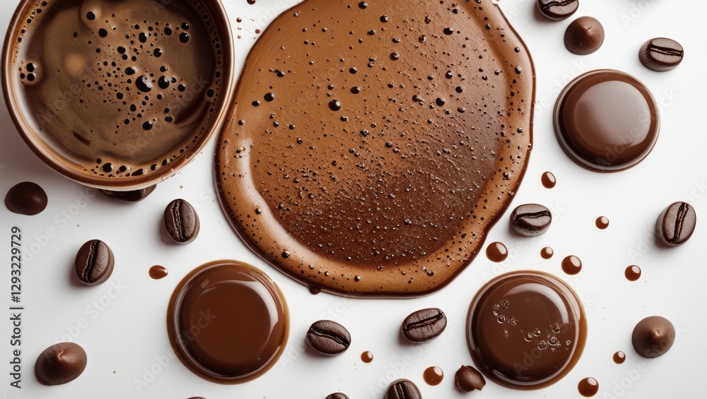 Fototapeta premium Coffee and chocolate liquid stains with scattered coffee beans on a white background ideal for cafe or beverage related designs
