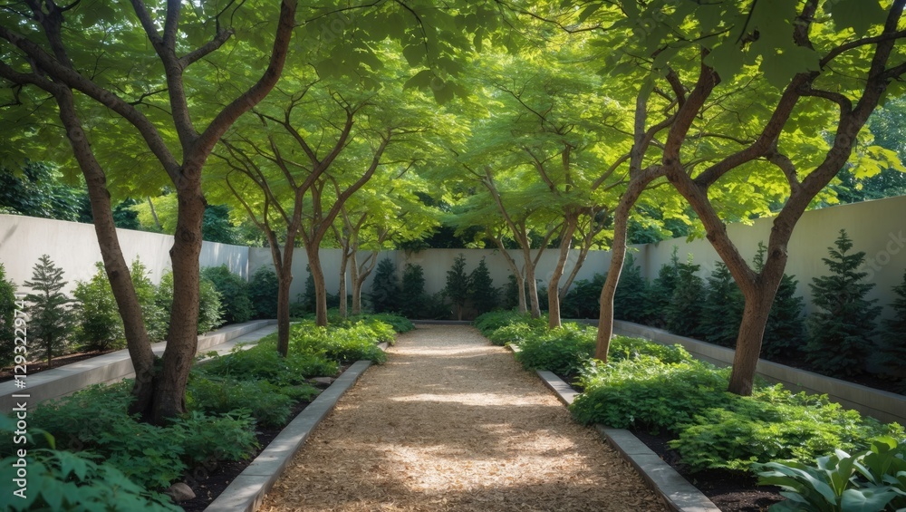 Lush garden pathway with shaded trees and greenery creating a tranquil atmosphere for relaxation and reflection. Empty space ideal for text. Lush garden pathway with shaded trees and greenery creating a tranquil atmosphere for relaxation and reflection. Empty space ideal for text.