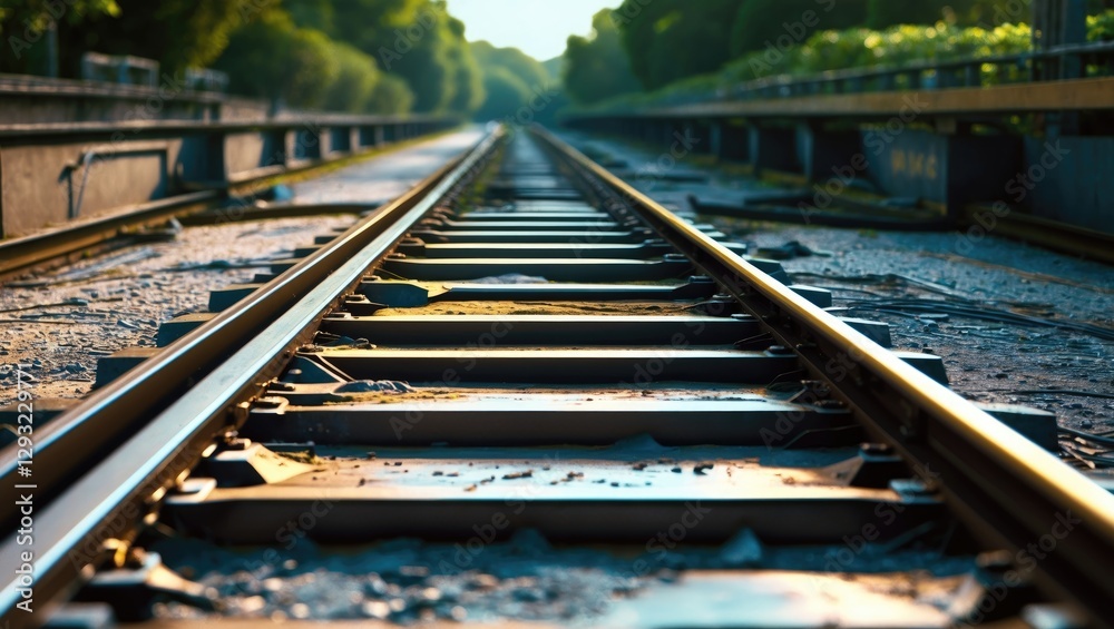 Steel railroad tracks extending into the distance under soft sunlight emphasizing the symmetry and industrial design of transportation infrastructure. Steel railroad tracks extending into the distance under soft sunlight emphasizing the symmetry and industrial design of transportation infrastructure.