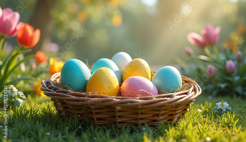 Colorful Vibrant Easter Eggs Nestled in a Charming Basket – Perfect for Celebrating Spring and Enhancing Your Holiday Promotions