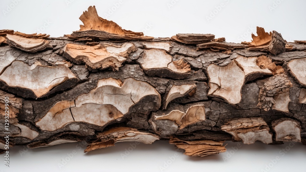 Detailed texture of tree bark showcasing natural patterns and coloration isolated on a white background for artistic or design purposes. Detailed texture of tree bark showcasing natural patterns and coloration isolated on a white background for artistic or design purposes.