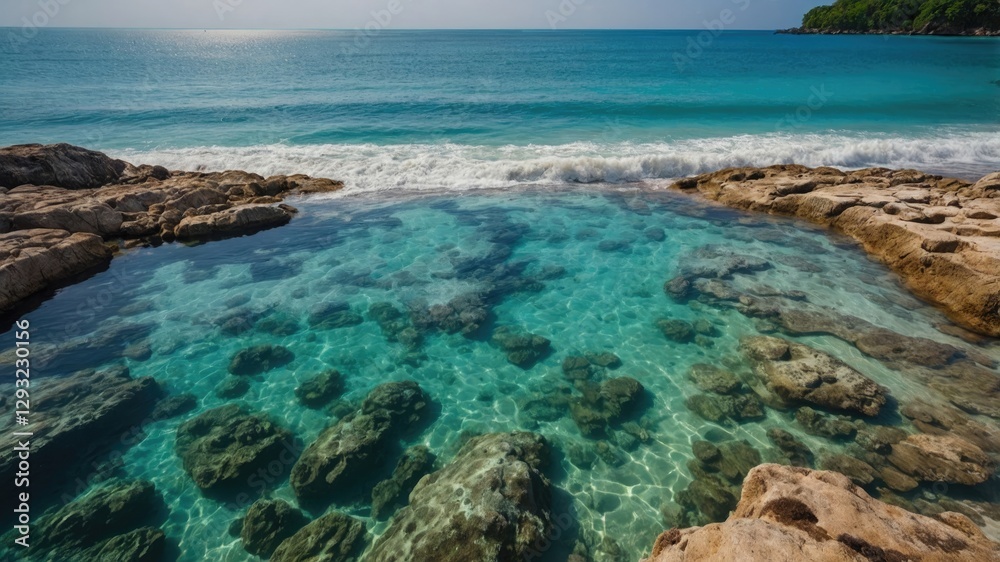 Calm Stone Reef Beach with Crystal Clear Water Ideal for Natural Theme Decoration and Scenic Coastal Imagery Calm Stone Reef Beach with Crystal Clear Water Ideal for Natural Theme Decoration and Scenic Coastal Imagery