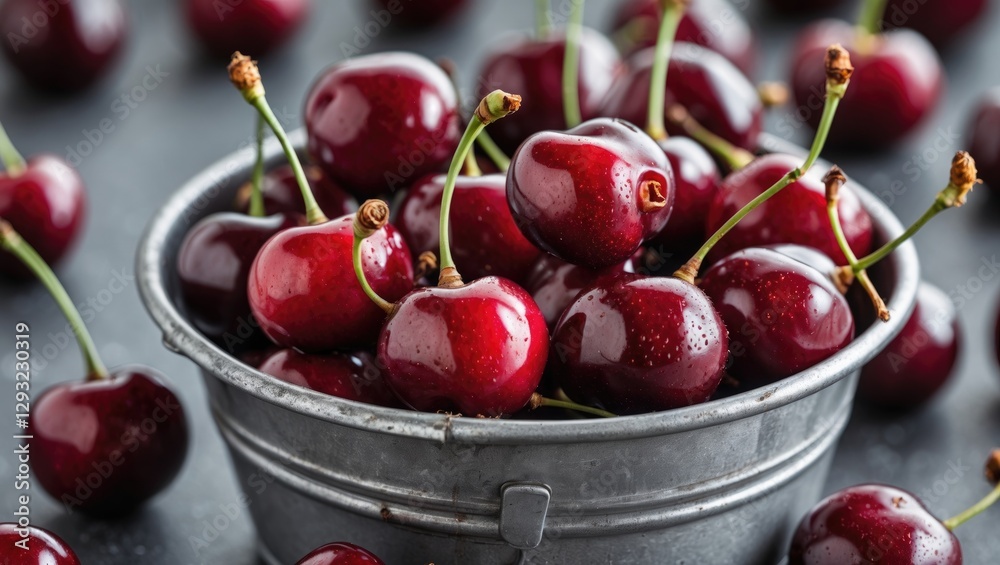 Freshly Harvested Ripe Cherries in a Rustic Metal Bucket with Lush Green Stems and Juicy Red Fruits on a Dark Background Freshly Harvested Ripe Cherries in a Rustic Metal Bucket with Lush Green Stems and Juicy Red Fruits on a Dark Background