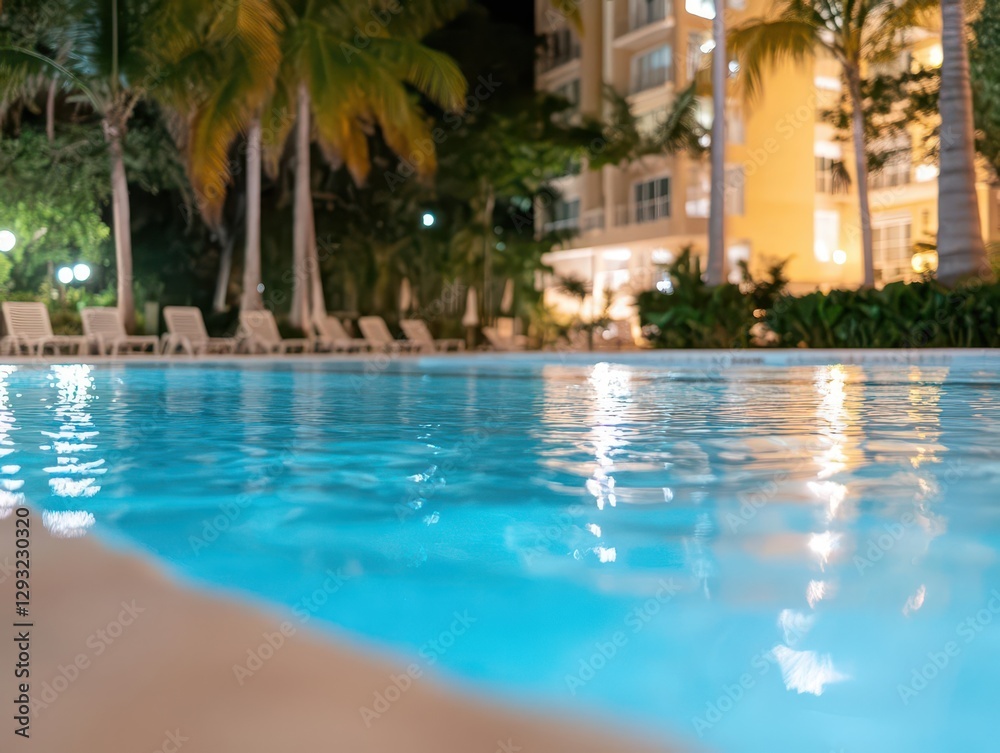 Luxury resort pool at night, illuminated by warm golden lights and surrounded by palm trees Luxury resort pool at night, illuminated by warm golden lights and surrounded by palm trees