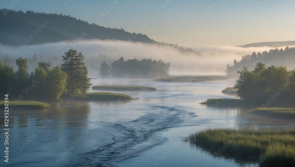 Fototapeta premium Morning Mist Over River and Islands in Serene Wilderness Landscape with Lush Greenery and Calm Water Reflections