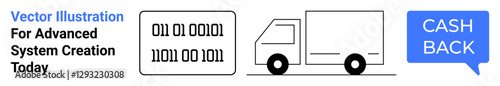 Binary code numbers, a delivery truck, and a cashback badge emphasize digital systems, logistics, and incentives. Ideal for e-commerce, tech solutions, automation, supply chain rewards fintech