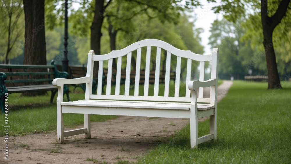 White wooden bench in serene park setting surrounded by lush trees and green lawns inviting relaxation in a tranquil outdoor atmosphere. White wooden bench in serene park setting surrounded by lush trees and green lawns inviting relaxation in a tranquil outdoor atmosphere.