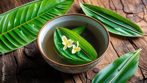 Tiliacora triandra infusion with pandan leaves and flowers in a bowl on wooden surface showcasing Thai herbal and culinary traditions. photo