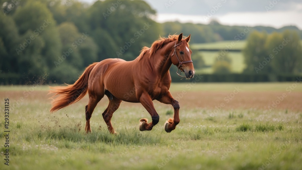 Majestic red horse galloping freely in a lush green field under a bright sky showcasing the beauty of nature and equestrian life. Majestic red horse galloping freely in a lush green field under a bright sky showcasing the beauty of nature and equestrian life.