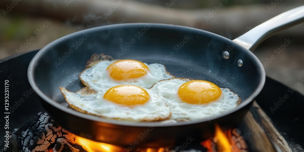The delightful scene of camping breakfast being cooked over an open fire, coffee brewing, and eggs sizzling in a pan filled the air with mouthwatering aromas. The delightful scene of camping breakfast being cooked over an open fire, coffee brewing, and eggs sizzling in a pan filled the air with mouthwatering aromas.