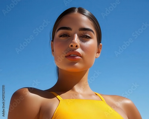 Wallpaper Mural Beachwear photoshoot showcasing a model in a vibrant swimsuit, with golden sand beneath her feet creating a stunning backdrop. Torontodigital.ca