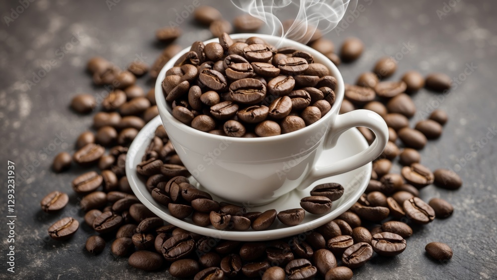 Fototapeta premium Coffee beans overflowing from a white cup with steam rising against a dark background creating a rich and inviting coffee ambiance.