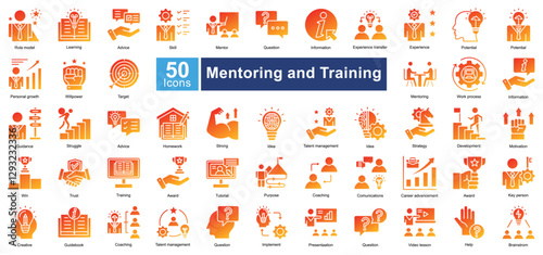 Mentoring and Training icon set in Glyph Gradient
 style, representing learning, coaching, leadership, and career growth. Perfect for education, corporate training, and professional development.