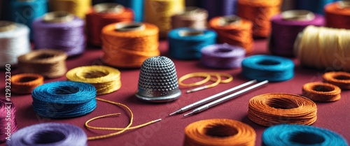 Colorful thread coils with thimble and needles on a crafting table creating an engaging scene for sewing and textile projects. photo