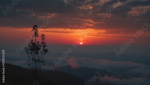 Majestic Sunset Paints the Sky with Warm Hues Over Mountainous Landscape and Clouds