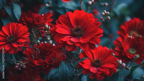 Vibrant Red Flowers in Bloom Surrounded by Lush Green Foliage Capturing Nature's Beauty and Elegance in a Garden Setting