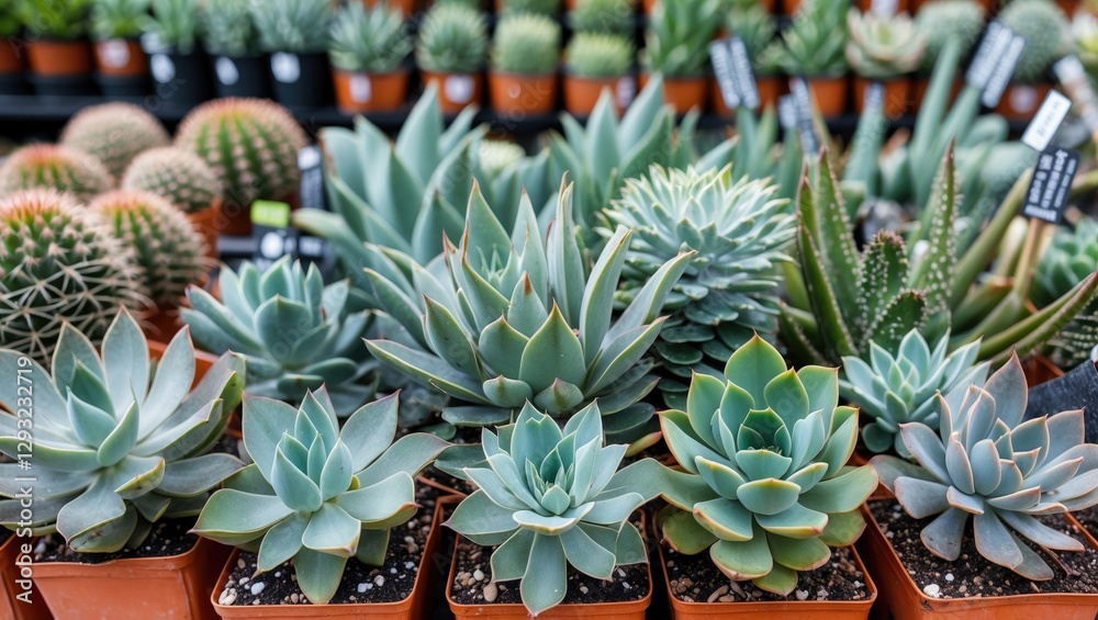 Obraz premium Neatly Arranged Succulent Plants Including Echinocereus in a Vibrant Plant Shop Display