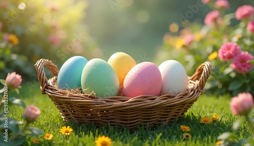 Delightful Scene of Brightly Colored Easter Eggs in a Basket – Great for Easter Marketing Campaigns and Seasonal Decorations