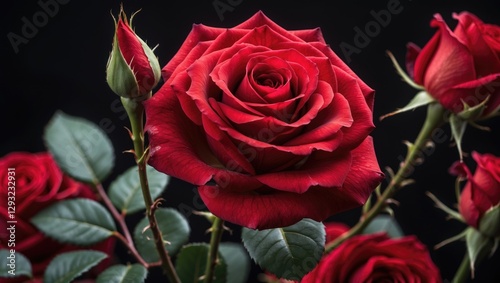 Close-Up of Lush Red Roses with Green Leaves on a Dark Background for Elegant Floral Composition