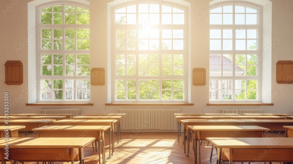 Fototapeta premium Bright and Spacious Classroom with Natural Light and Wooden Desks