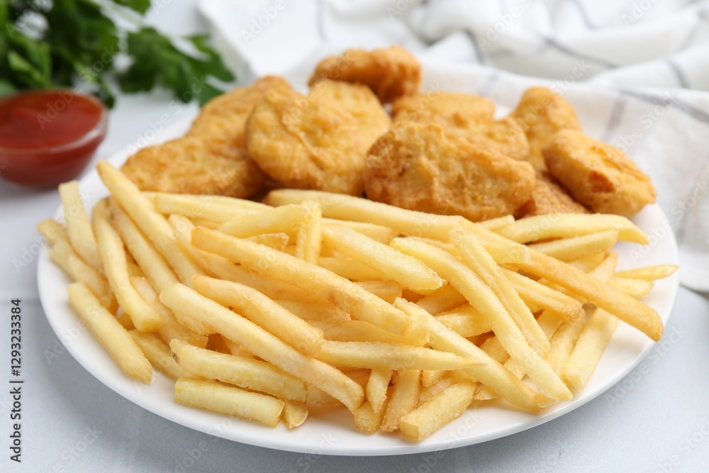 Tasty chicken nuggets and french fries with sauce on white tiled table, closeup