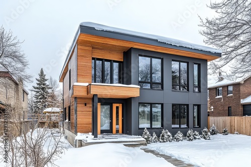 A passive house with high insulation, triple-glazed windows, and a wooden facade, demonstrating eco-conscious residential design. photo