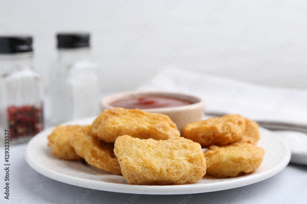 Tasty chicken nuggets with sauce on light table, closeup Tasty chicken nuggets with sauce on light table, closeup