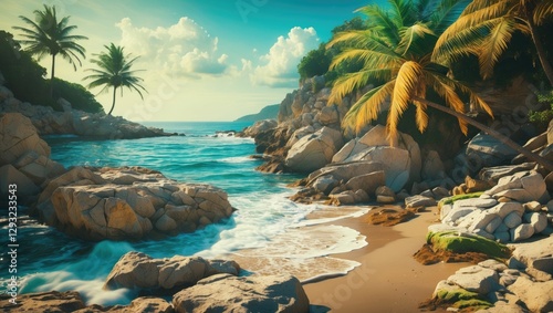 Serene Beach Landscape with Rocks and Palm Trees Under a Bright Sky Ideal for Summer Vacation Themes and Relaxation Concepts