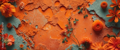 Vibrant orange textured cement background adorned with colorful flowers creating a striking floral composition.