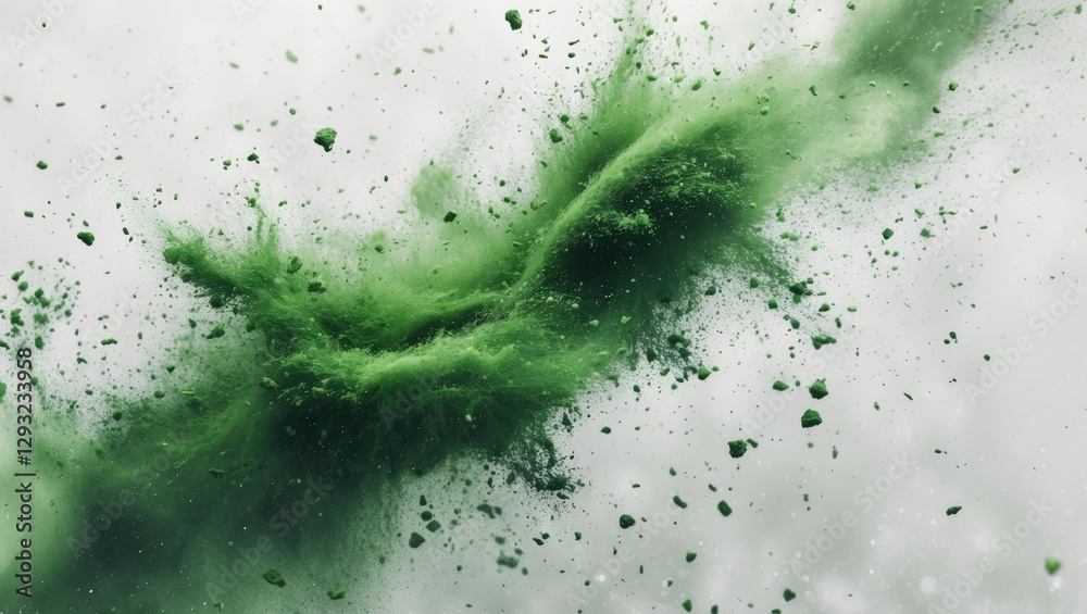 Fototapeta premium Abstract green dust particles swirling on a white background suitable for vintage and grunge design overlays creating a blurred texture effect.